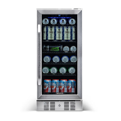 Réfrigérateur à boissons Newair 15 pouces encastrable, capacité de 96 canettes, en acier inoxydable, avec commandes de température et étagères réglables.