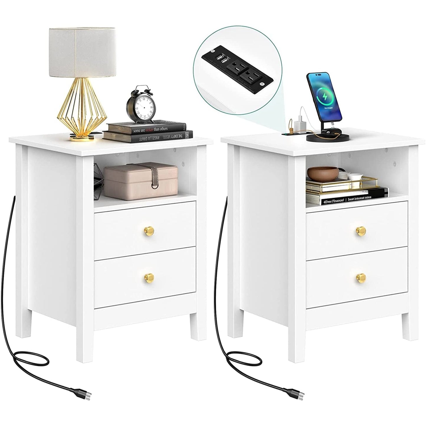 Ensemble de 2 tables de chevet avec station de recharge, table d'appoint avec 2 tiroirs, ports USB et prises électriques, pour lit.