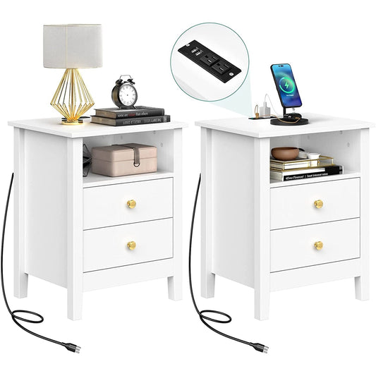 Ensemble de 2 tables de chevet avec station de recharge, table d'appoint avec 2 tiroirs, ports USB et prises électriques, pour lit.