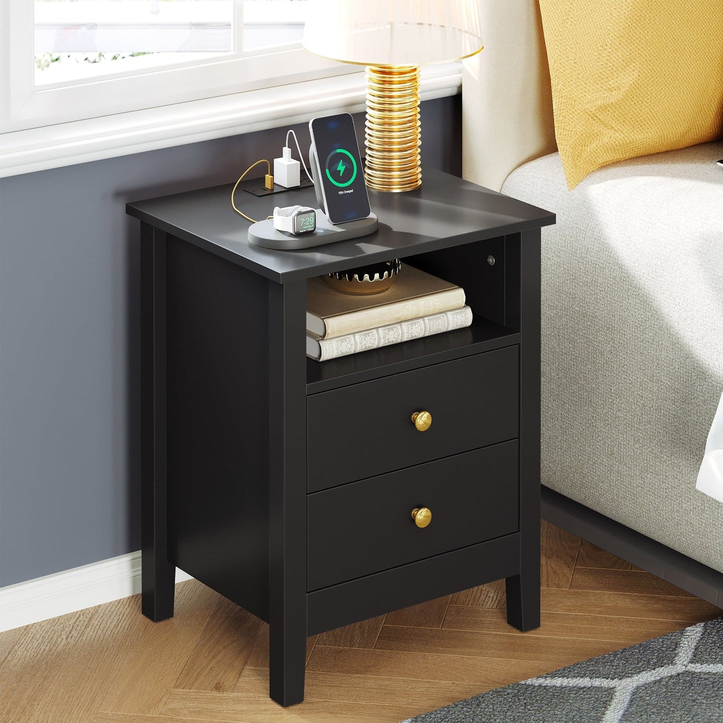 Ensemble de 2 tables de chevet avec station de recharge, table d'appoint avec 2 tiroirs, ports USB et prises électriques, pour lit.