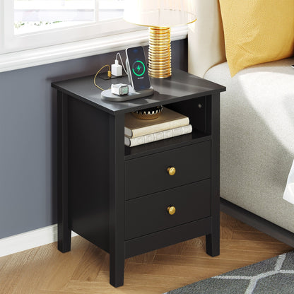 Ensemble de 2 tables de chevet avec station de recharge, table d'appoint avec 2 tiroirs, ports USB et prises électriques, pour lit.