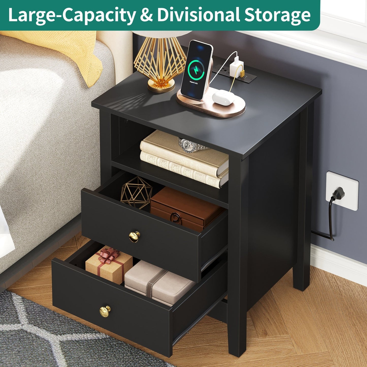 Ensemble de 2 tables de chevet avec station de recharge, table d'appoint avec 2 tiroirs, ports USB et prises électriques, pour lit.