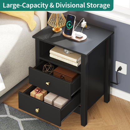 Ensemble de 2 tables de chevet avec station de recharge, table d'appoint avec 2 tiroirs, ports USB et prises électriques, pour lit.