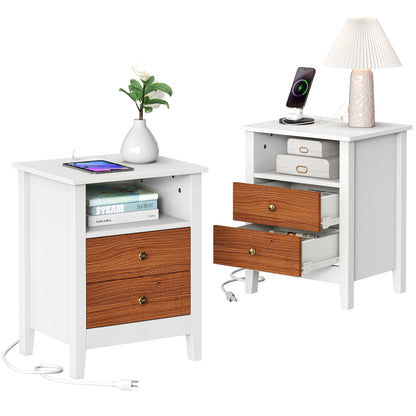 Ensemble de 2 tables de chevet avec station de recharge, table d'appoint avec 2 tiroirs, ports USB et prises électriques, pour lit.