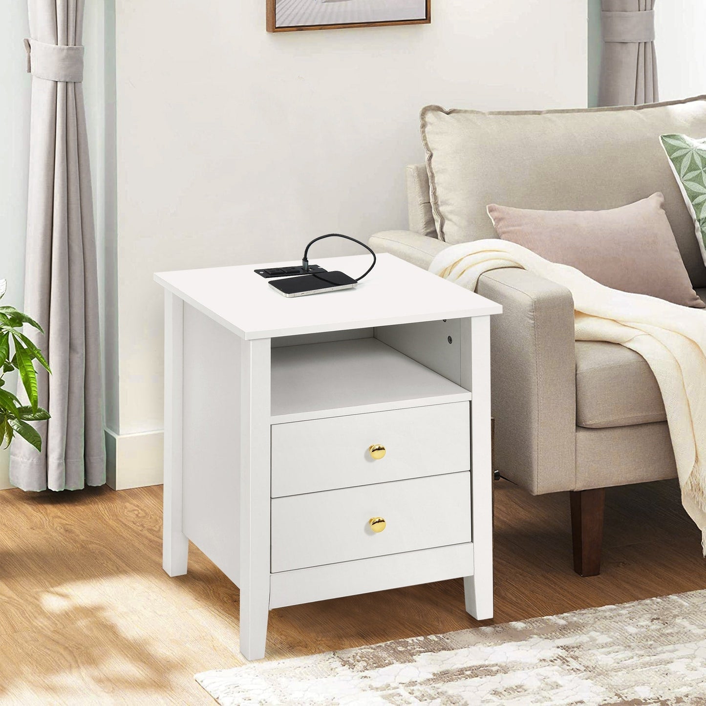 Ensemble de 2 tables de chevet avec station de recharge, table d'appoint avec 2 tiroirs, ports USB et prises électriques, pour lit.