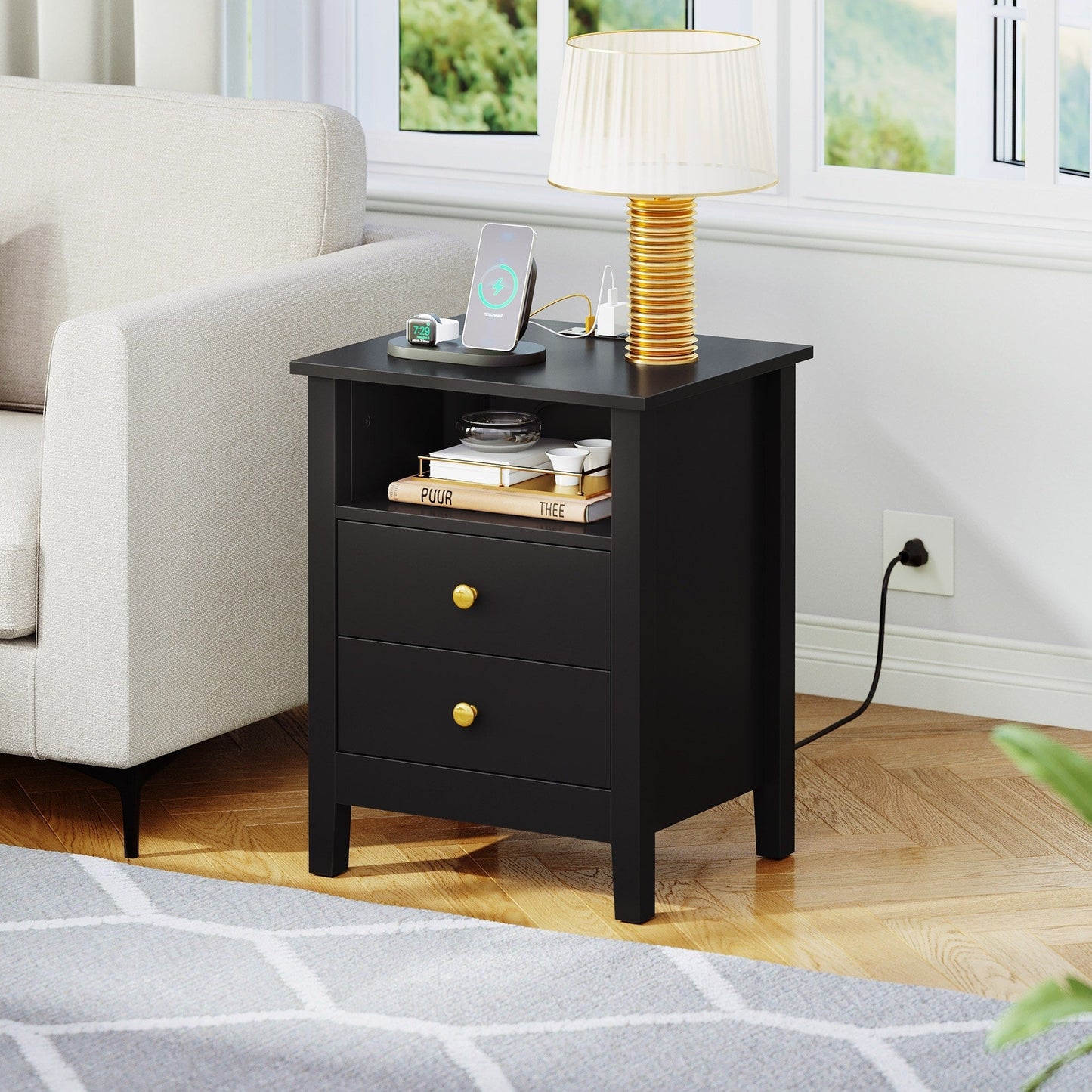 Ensemble de 2 tables de chevet avec station de recharge, table d'appoint avec 2 tiroirs, ports USB et prises électriques, pour lit.
