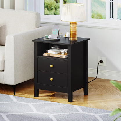 Ensemble de 2 tables de chevet avec station de recharge, table d'appoint avec 2 tiroirs, ports USB et prises électriques, pour lit.