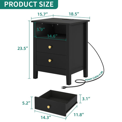 Ensemble de 2 tables de chevet avec station de recharge, table d'appoint avec 2 tiroirs, ports USB et prises électriques, pour lit.
