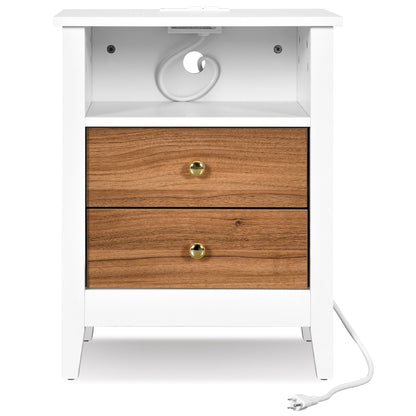 Ensemble de 2 tables de chevet avec station de recharge, table d'appoint avec 2 tiroirs, ports USB et prises électriques, pour lit.