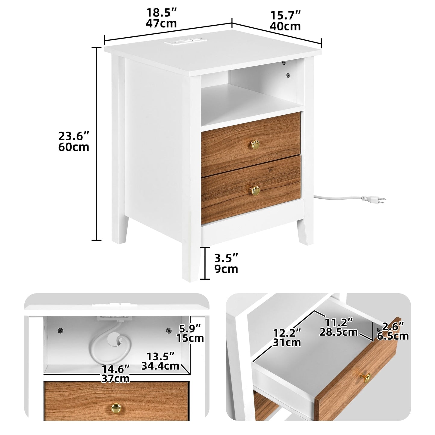 Ensemble de 2 tables de chevet avec station de recharge, table d'appoint avec 2 tiroirs, ports USB et prises électriques, pour lit.