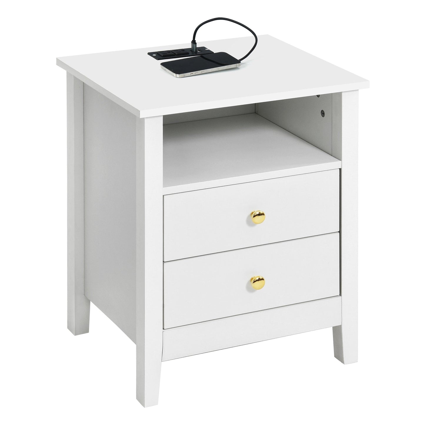 Ensemble de 2 tables de chevet avec station de recharge, table d'appoint avec 2 tiroirs, ports USB et prises électriques, pour lit.