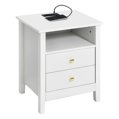 Ensemble de 2 tables de chevet avec station de recharge, table d'appoint avec 2 tiroirs, ports USB et prises électriques, pour lit.