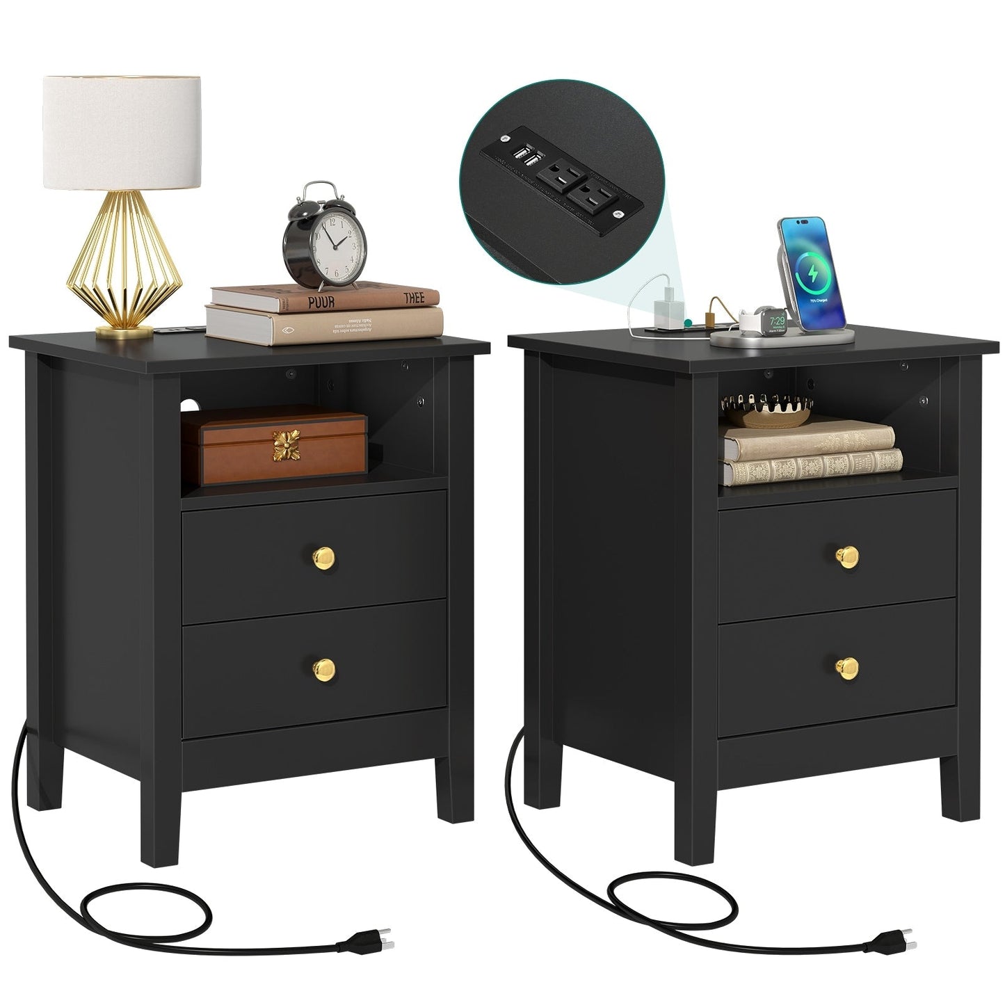 Ensemble de 2 tables de chevet avec station de recharge, table d'appoint avec 2 tiroirs, ports USB et prises électriques, pour lit.