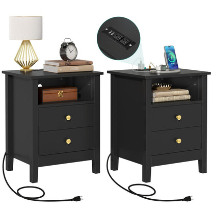 Ensemble de 2 tables de chevet avec station de recharge, table d'appoint avec 2 tiroirs, ports USB et prises électriques, pour lit.