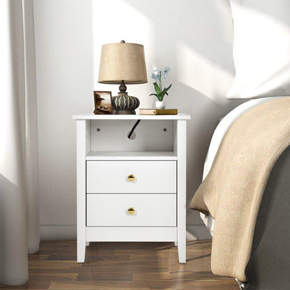 Ensemble de 2 tables de chevet avec station de recharge, table d'appoint avec 2 tiroirs, ports USB et prises électriques, pour lit.