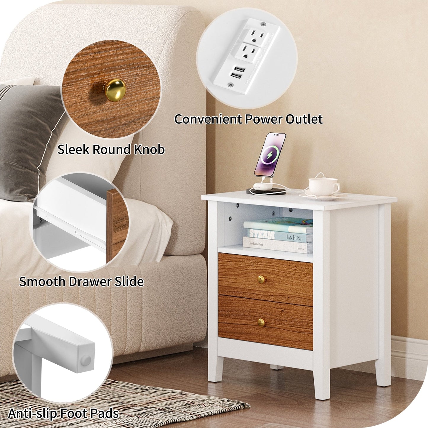 Ensemble de 2 tables de chevet avec station de recharge, table d'appoint avec 2 tiroirs, ports USB et prises électriques, pour lit.