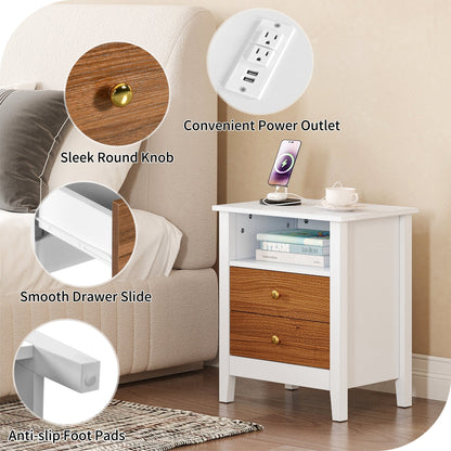 Ensemble de 2 tables de chevet avec station de recharge, table d'appoint avec 2 tiroirs, ports USB et prises électriques, pour lit.