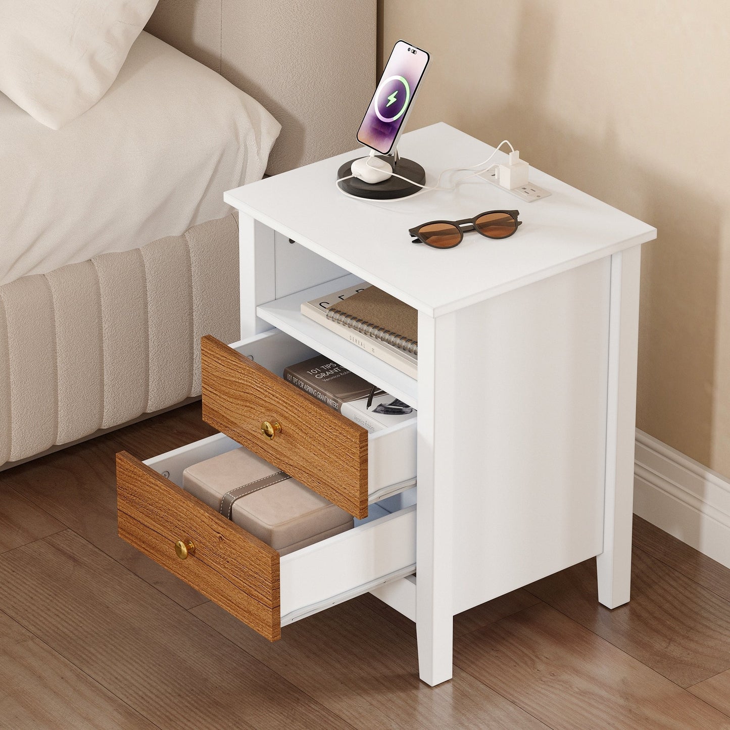 Ensemble de 2 tables de chevet avec station de recharge, table d'appoint avec 2 tiroirs, ports USB et prises électriques, pour lit.