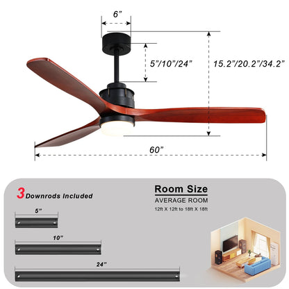 Ventilateur de plafond silencieux en bois de noyer 52/60/48 avec télécommande, éclairage intégré en option.