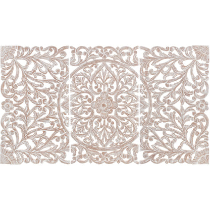 Norma - Tableau mural en bois naturel sculpté à la main, motif floral, 3 panneaux, 122 x 71 cm (48x28 pouces)