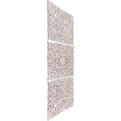 Norma - Tableau mural en bois naturel sculpté à la main, motif floral, 3 panneaux, 122 x 71 cm (48x28 pouces)