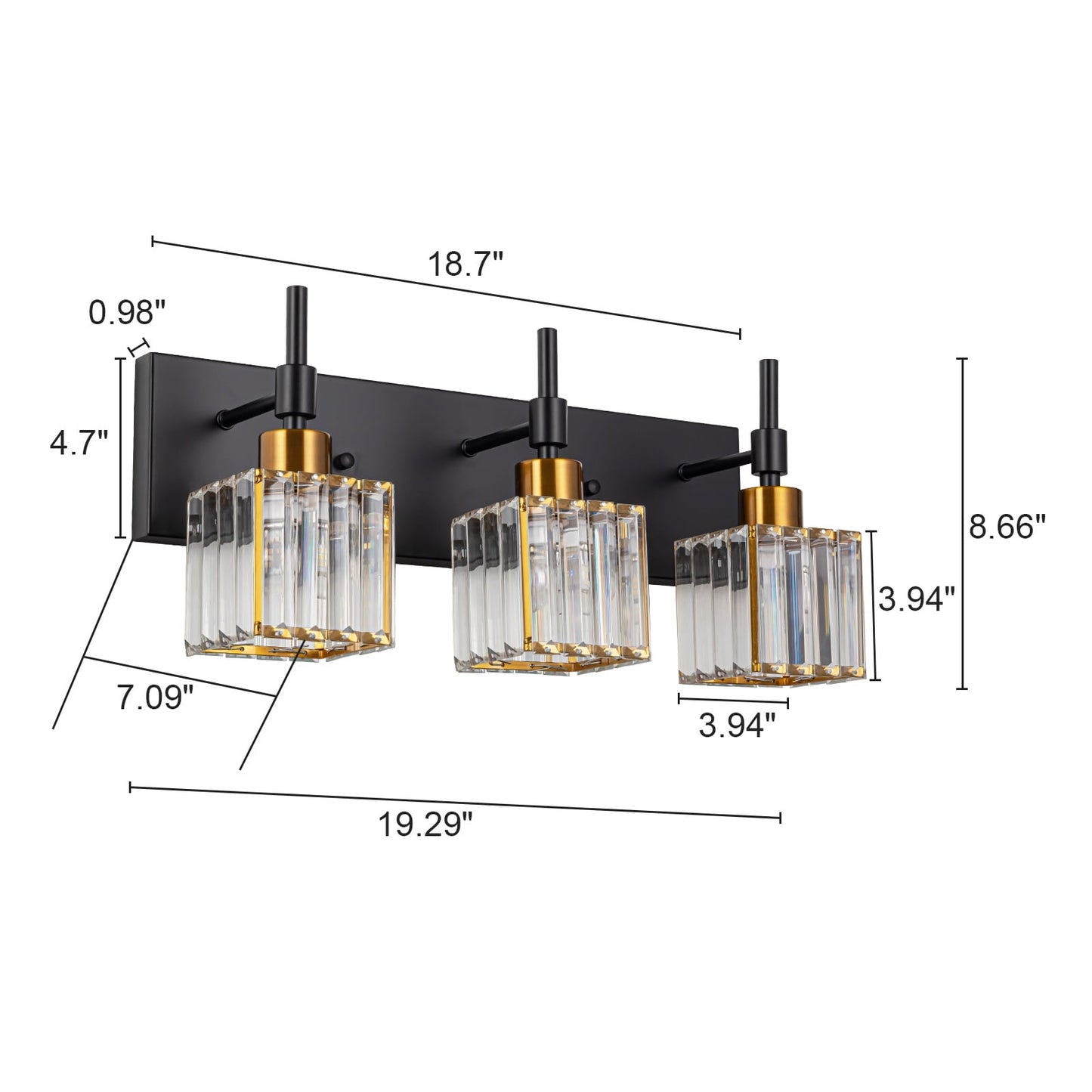 Ora Lustre de salle de bain moderne à cristaux, à intensité variable, pour miroir, éclairage de vanité glamour
