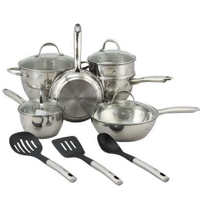 Ensemble de casseroles et poêles Oster Ridgewell en acier inoxydable, 13 pièces, forme bombée.