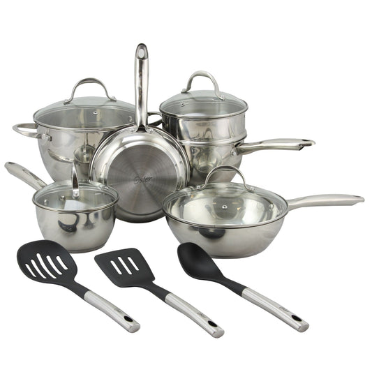 Ensemble de casseroles et poêles Oster Ridgewell en acier inoxydable, 13 pièces, forme bombée.