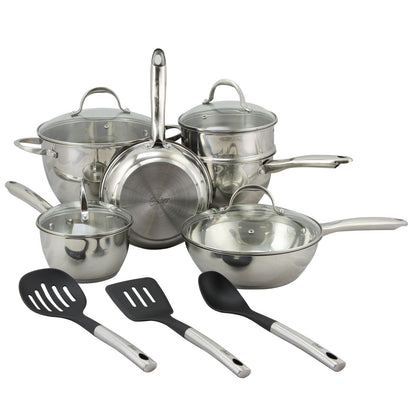 Ensemble de casseroles et poêles Oster Ridgewell en acier inoxydable, 13 pièces, forme bombée.