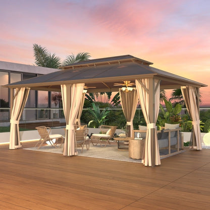 Gazebo à toit rigide pour jardin – Pergola permanente avec moustiquaire, rideaux et double toit, abri extérieur toutes saisons