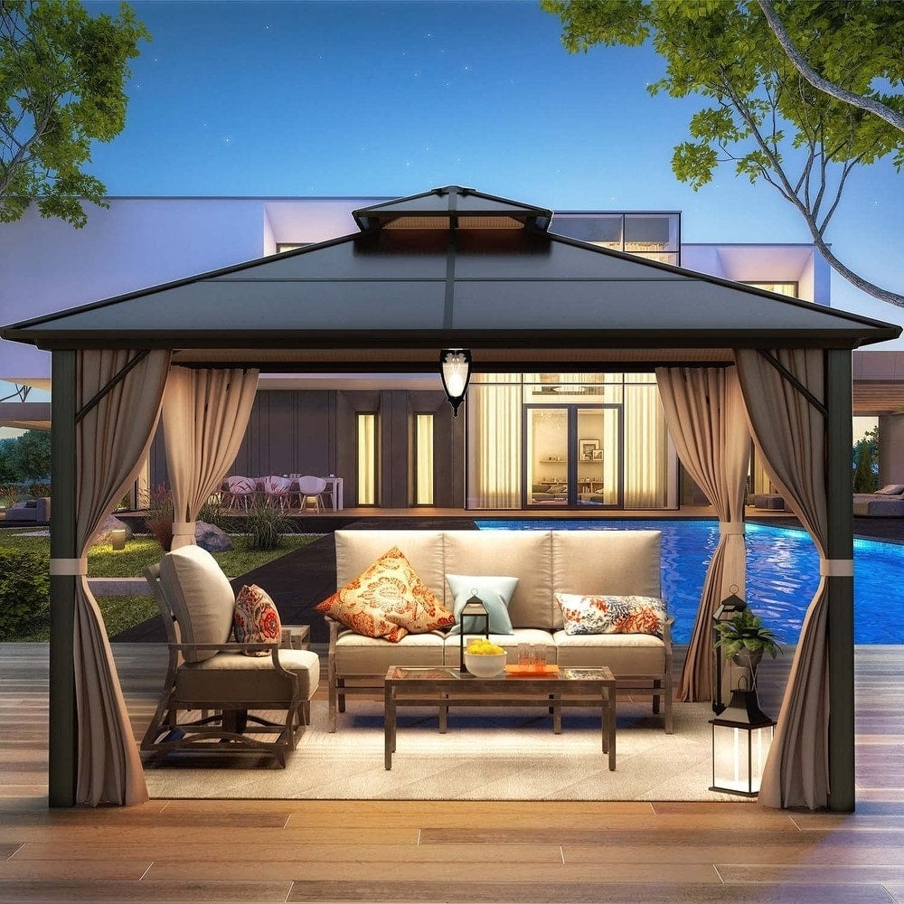 Gazebo à toit rigide pour jardin – Pergola permanente avec moustiquaire, rideaux et double toit, abri extérieur toutes saisons