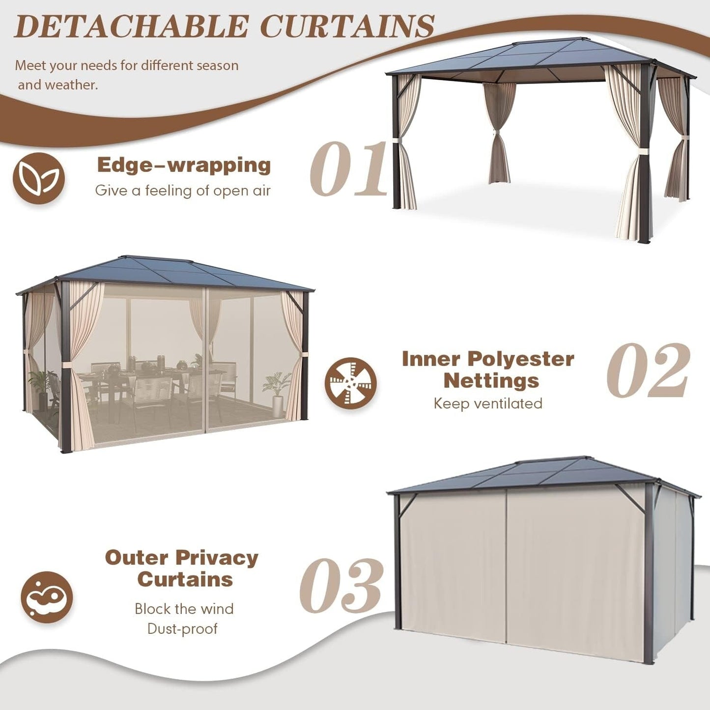 Gazebo à toit rigide pour jardin – Pergola permanente avec moustiquaire, rideaux et double toit, abri extérieur toutes saisons