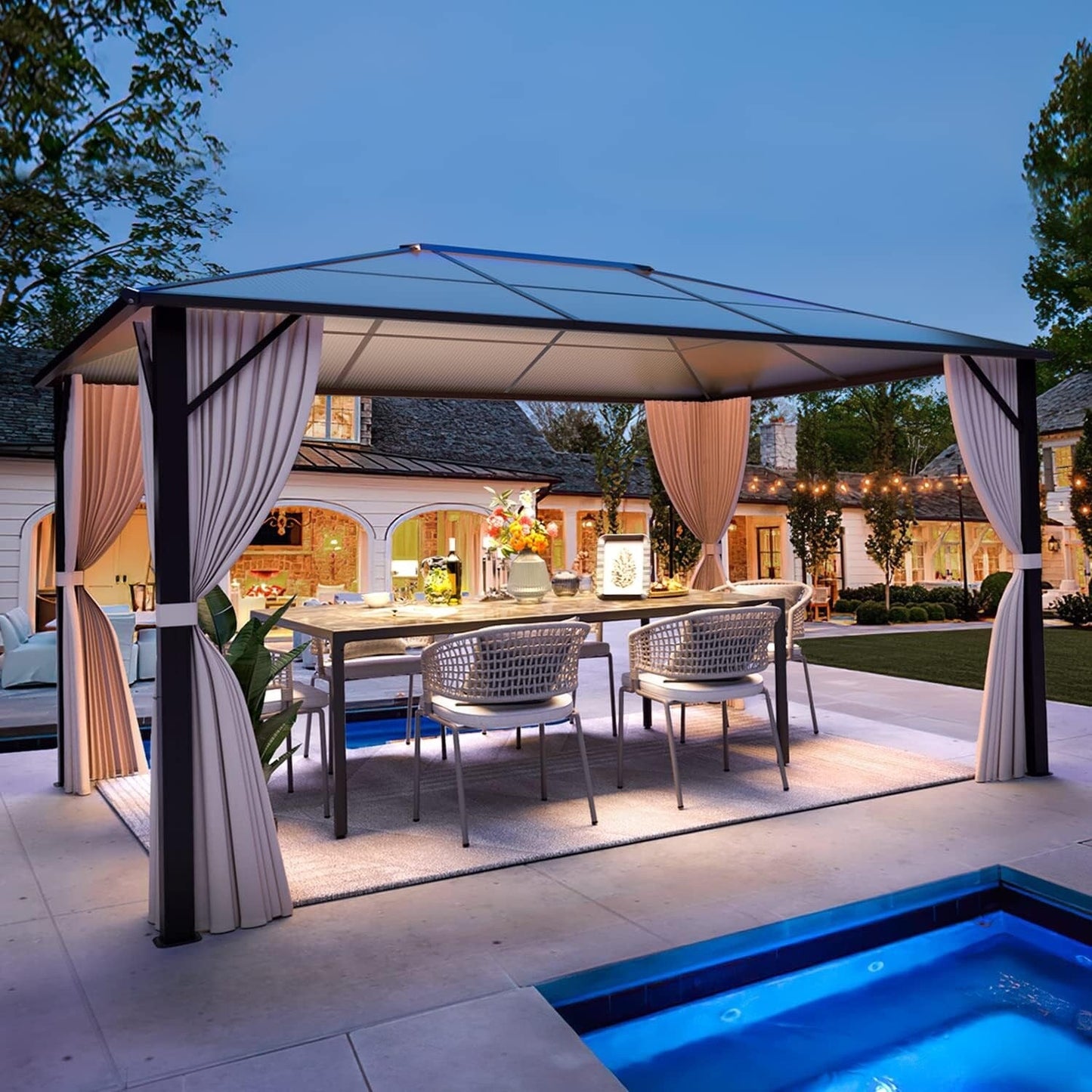 Gazebo à toit rigide pour jardin – Pergola permanente avec moustiquaire, rideaux et double toit, abri extérieur toutes saisons