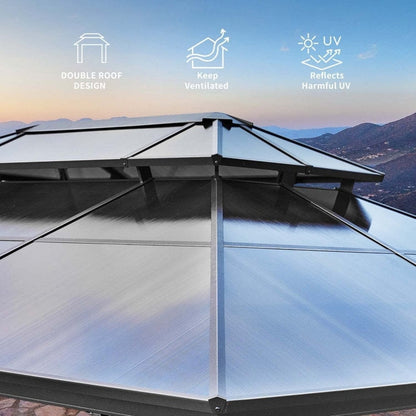 Gazebo à toit rigide pour jardin – Pergola permanente avec moustiquaire, rideaux et double toit, abri extérieur toutes saisons