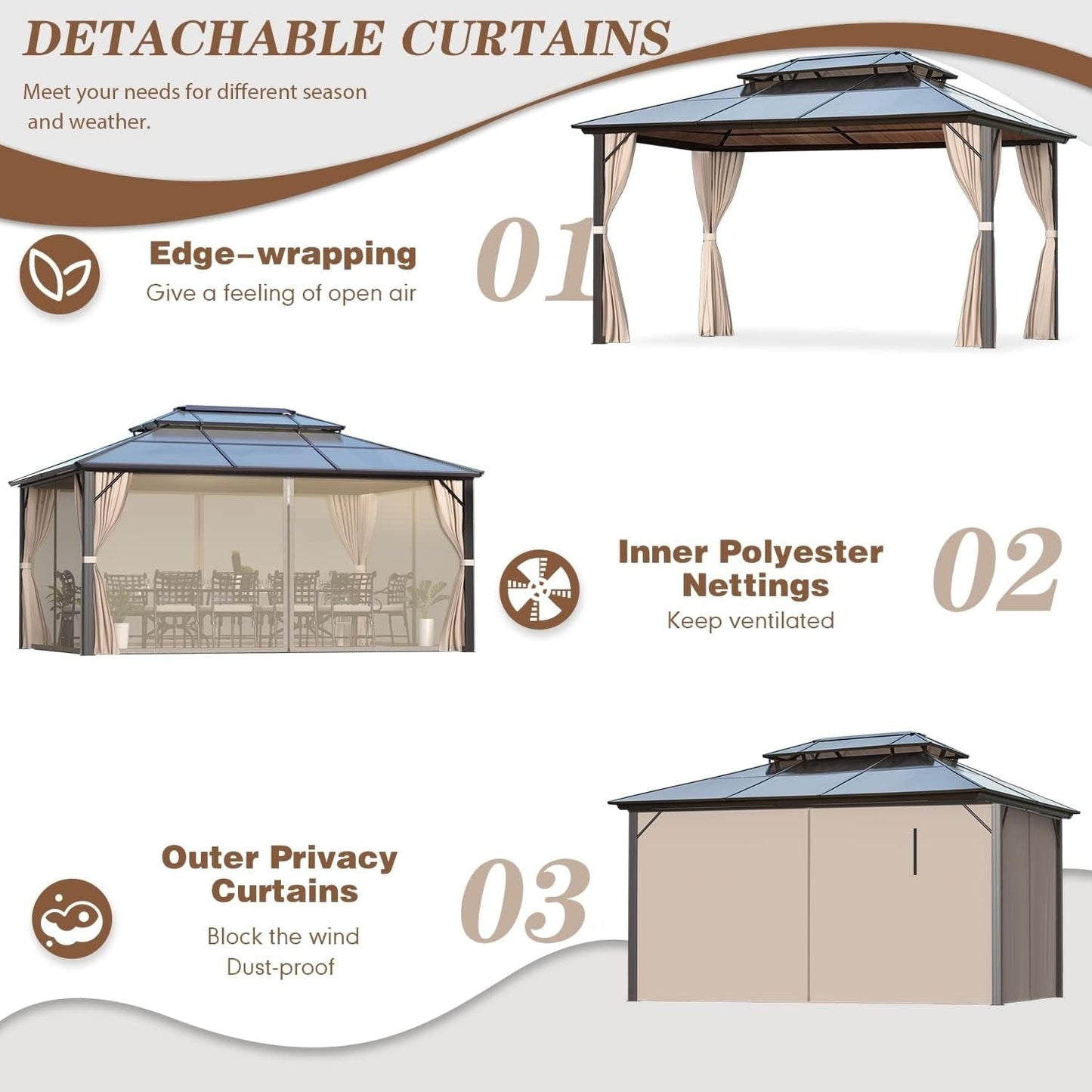 Gazebo à toit rigide pour jardin – Pergola permanente avec moustiquaire, rideaux et double toit, abri extérieur toutes saisons