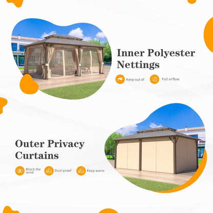 Gazebo à toit rigide pour jardin – Pergola permanente avec moustiquaire, rideaux et double toit, abri extérieur toutes saisons