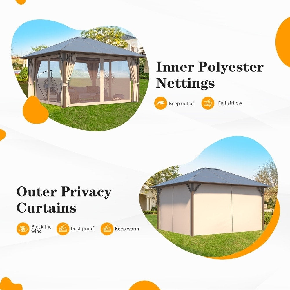 Gazebo à toit rigide pour jardin – Pergola permanente avec moustiquaire, rideaux et double toit, abri extérieur toutes saisons