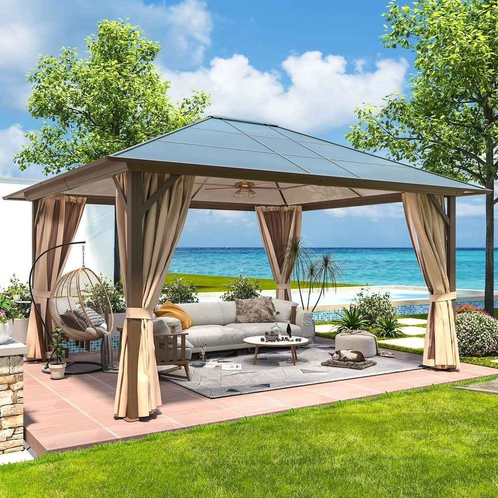 Gazebo à toit rigide pour jardin – Pergola permanente avec moustiquaire, rideaux et double toit, abri extérieur toutes saisons