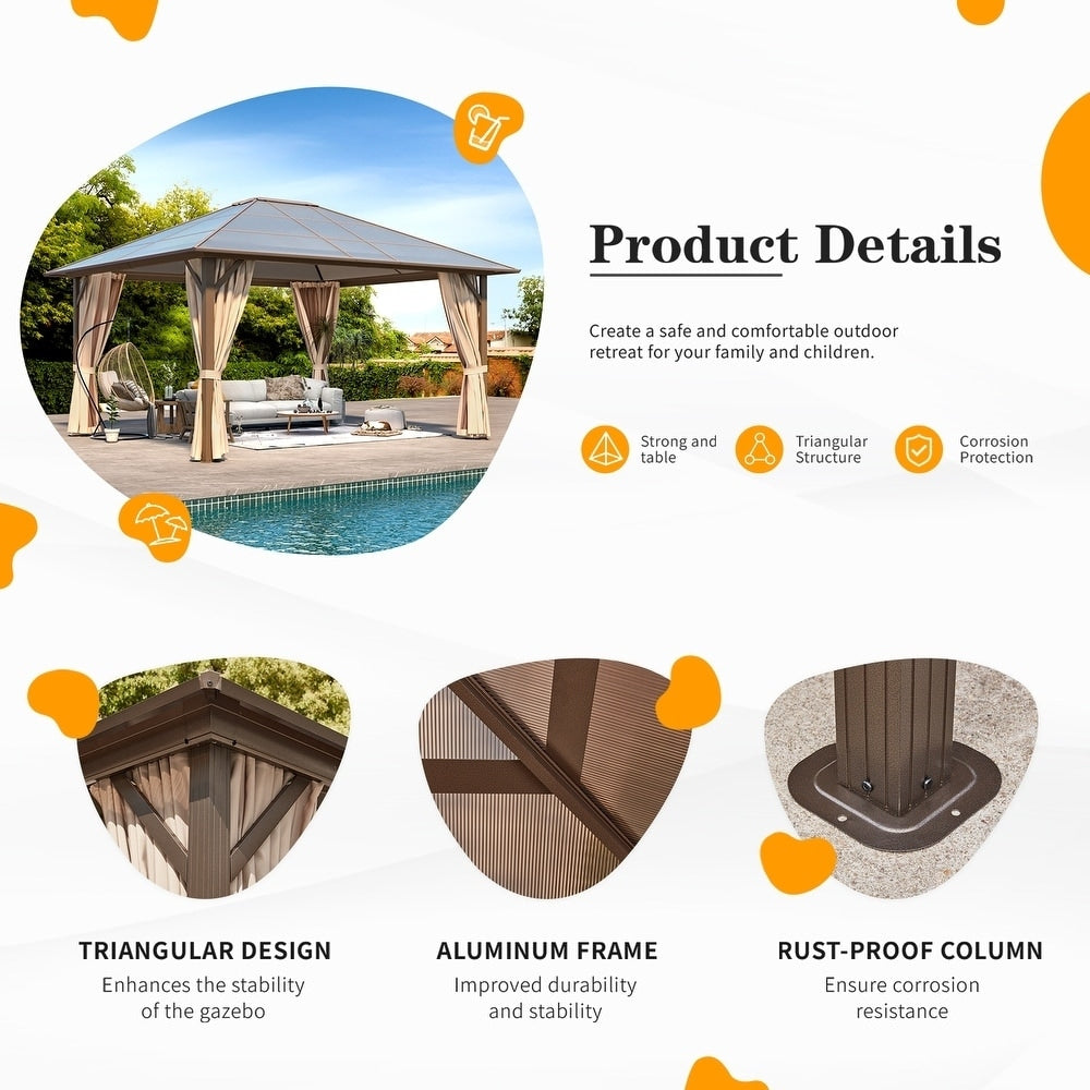 Gazebo à toit rigide pour jardin – Pergola permanente avec moustiquaire, rideaux et double toit, abri extérieur toutes saisons
