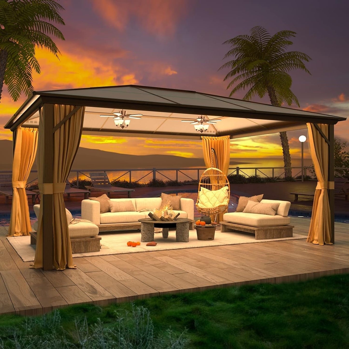 Gazebo à toit rigide pour jardin – Pergola permanente avec moustiquaire, rideaux et double toit, abri extérieur toutes saisons
