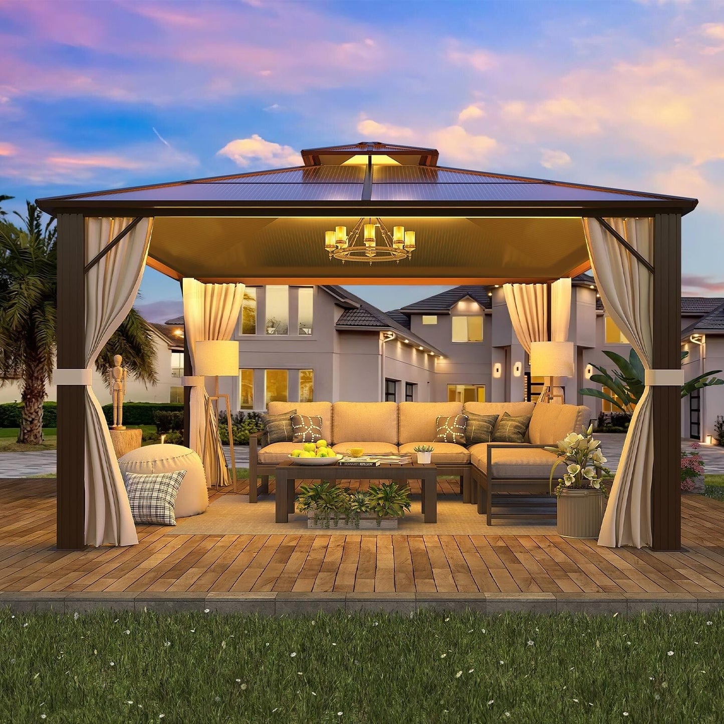 Gazebo à toit rigide pour jardin – Pergola permanente avec moustiquaire, rideaux et double toit, abri extérieur toutes saisons