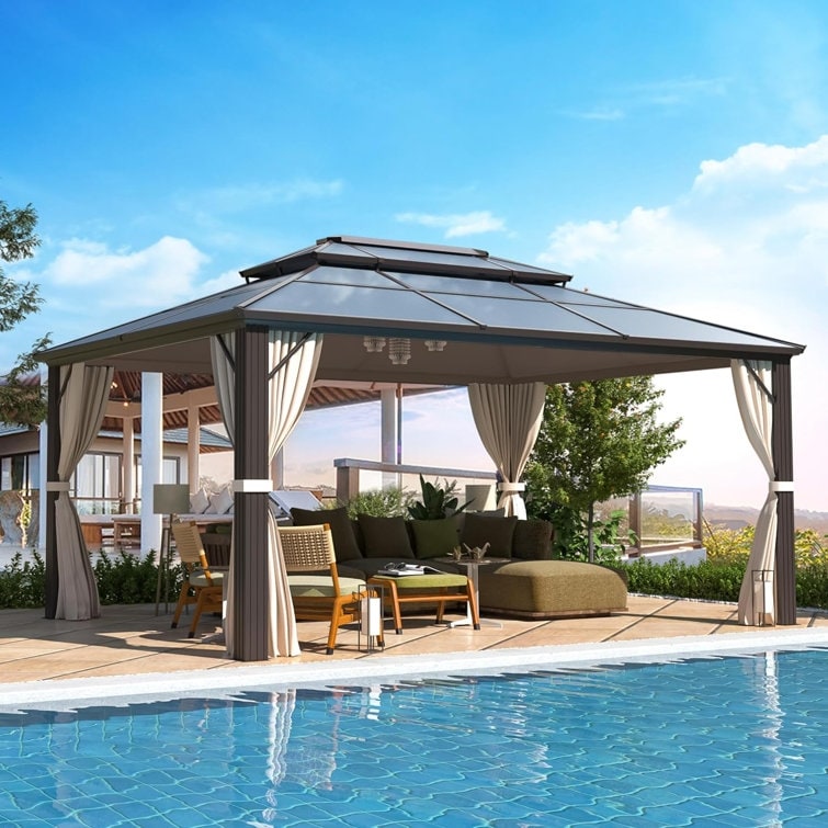 Gazebo à toit rigide pour jardin – Pergola permanente avec moustiquaire, rideaux et double toit, abri extérieur toutes saisons