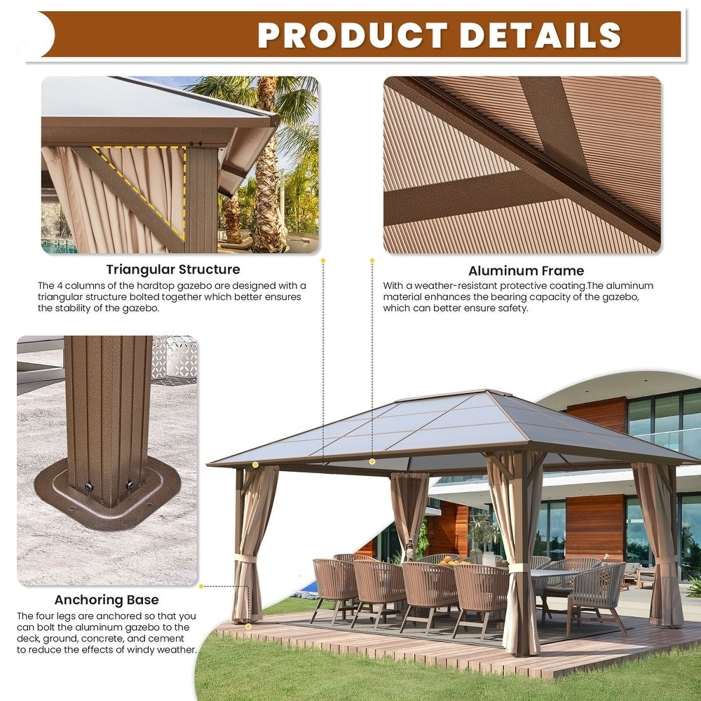 Gazebo à toit rigide pour jardin – Pergola permanente avec moustiquaire, rideaux et double toit, abri extérieur toutes saisons