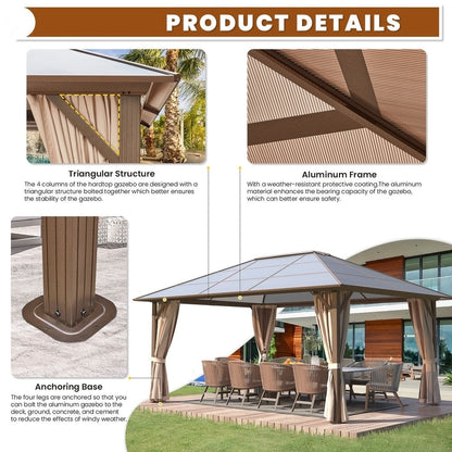Gazebo à toit rigide pour jardin – Pergola permanente avec moustiquaire, rideaux et double toit, abri extérieur toutes saisons