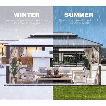 Gazebo à toit rigide pour jardin – Pergola permanente avec moustiquaire, rideaux et double toit, abri extérieur toutes saisons