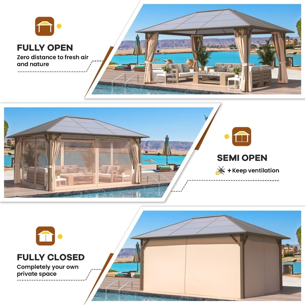 Gazebo à toit rigide pour jardin – Pergola permanente avec moustiquaire, rideaux et double toit, abri extérieur toutes saisons