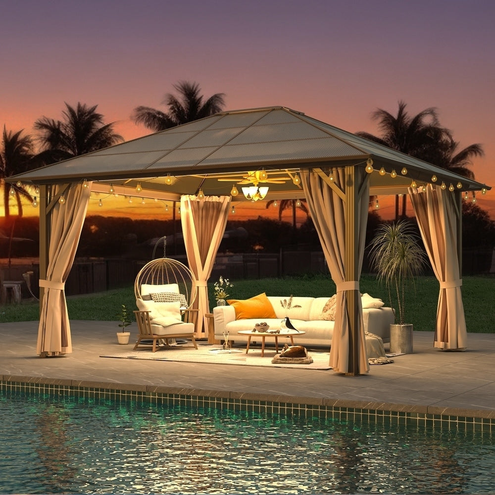 Gazebo à toit rigide pour jardin – Pergola permanente avec moustiquaire, rideaux et double toit, abri extérieur toutes saisons