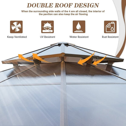 Gazebo à toit rigide pour jardin – Pergola permanente avec moustiquaire, rideaux et double toit, abri extérieur toutes saisons