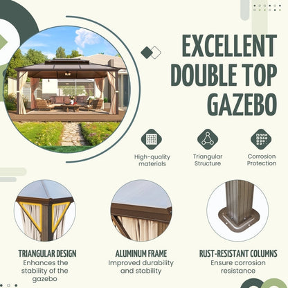 Gazebo à toit rigide pour jardin – Pergola permanente avec moustiquaire, rideaux et double toit, abri extérieur toutes saisons