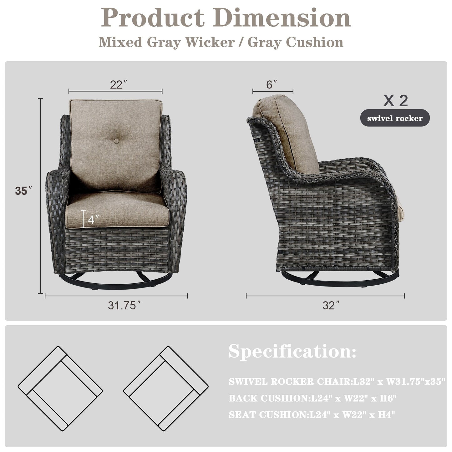 Gymojoy Chaise longue à bascule en osier pour extérieur avec base pivotante (lot de 2)